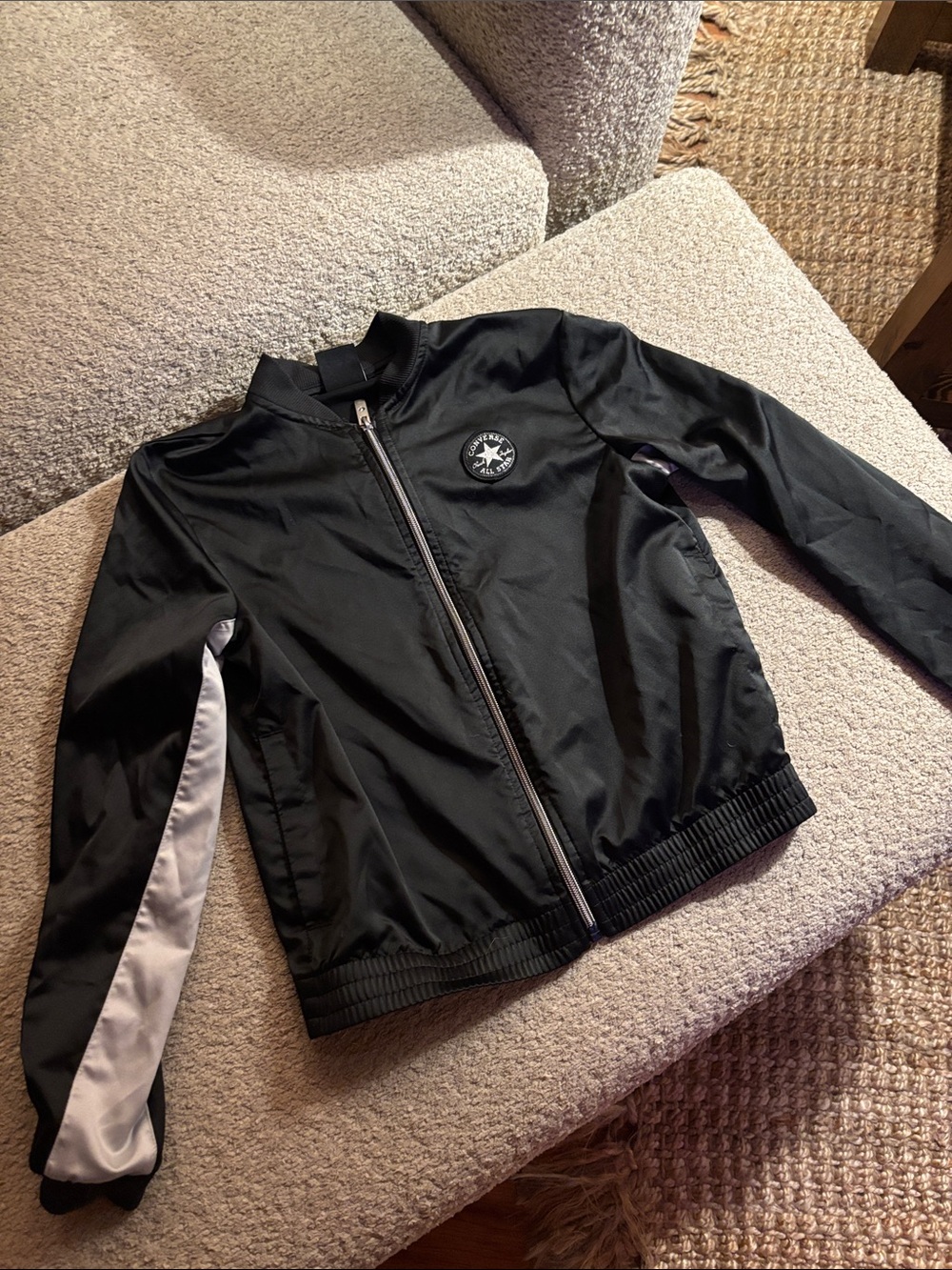 Converse Black Bomber Jacket with White Sleeve Stripe and Logo Patch